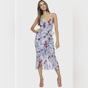 Bardot Elle Ruffle Maxi Dress Blue Red Floral Size 8 NEW